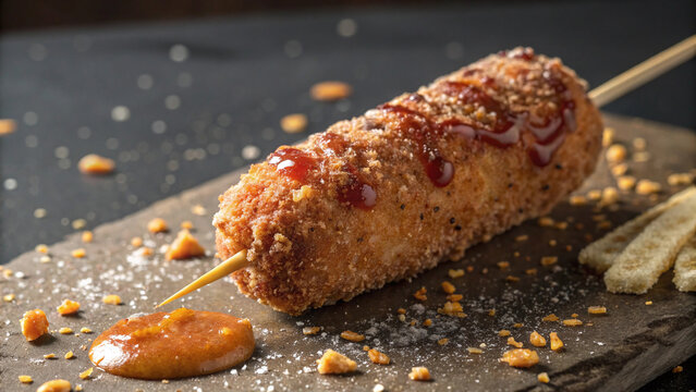 Photorealistic close-up of Korean corn dog with extreme crispy batter texture and stretchy mozzarella core under dramatic street lighting