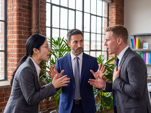 Photograph showing a business manager mediating an intense workplace argument between two diverse colleagues.
