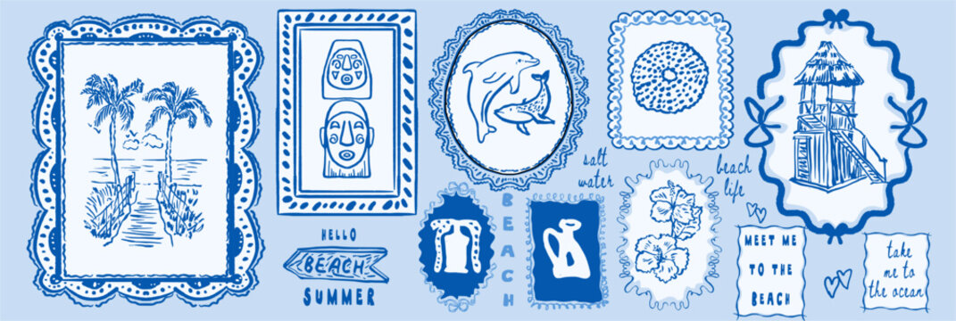 Ocean life and beach stamps in doodle sketch blue ink style. Coastal vacation postal elements with lettering for postcard prints. Sea vector illustrations for mail, letters and sticker set.