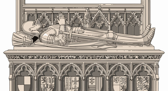 Stone effigy of a knight in full armor, hands clasped, sword across chest