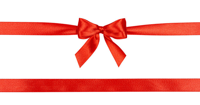 Red satin bow with two parallel horizontal ribbons on white background.