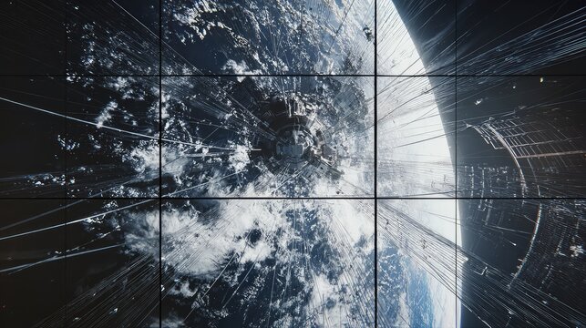 Sci fi space station complex connects to earth's surface via multiple orbital elevators, creating a futuristic vision of advanced transportation and planetary infrastructure in near orbit