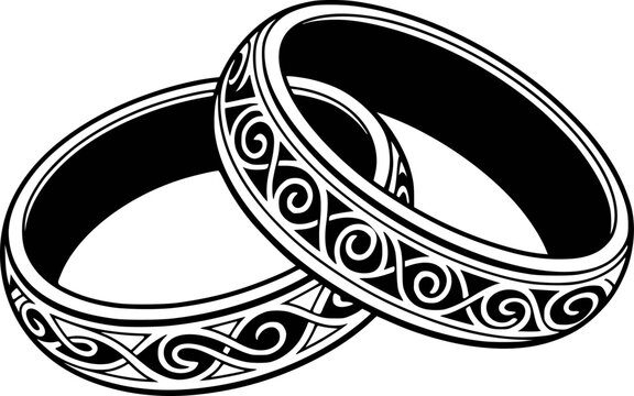 Intertwined celtic knot wedding rings with ornate black and white