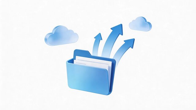 Blue glass-style folder cloud upload; Cloud storage empowers efficient file management