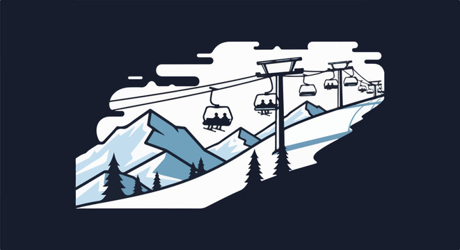 Snowy mountain scene with ski lifts carrying people upwards through the clouds