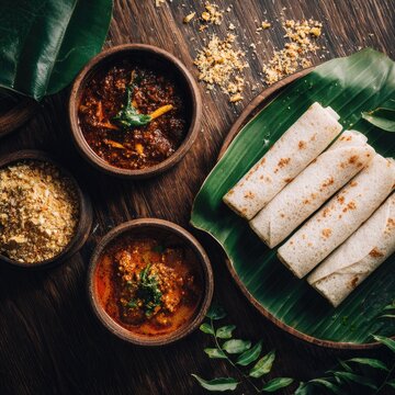 Savory rolls served with flavorful curries and a nutty side on a wooden table
