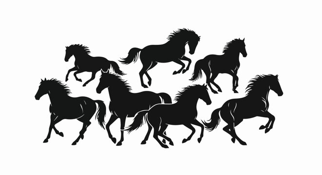Silhouettes of several horses in motion, some galloping, some cantering