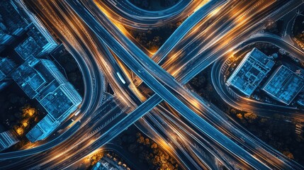 Naklejka premium Elevated expressway interchange in a modern city at night, featuring vehicles creating vivid light trails along multiple layers of complex transportation infrastructure