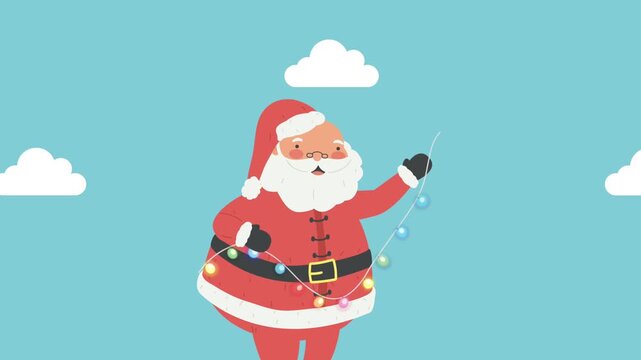 A cheerful santa claus appears from left holding festive light string and clouds float by in a merry animated christmas clip.