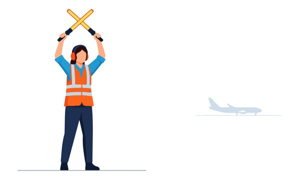 Airport Marshaller Signaling Stop with Batons on Runway