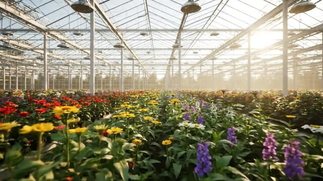 Bright and airy greenhouse filled with rows of blooming colorful zinnias and other flowers under sunlight