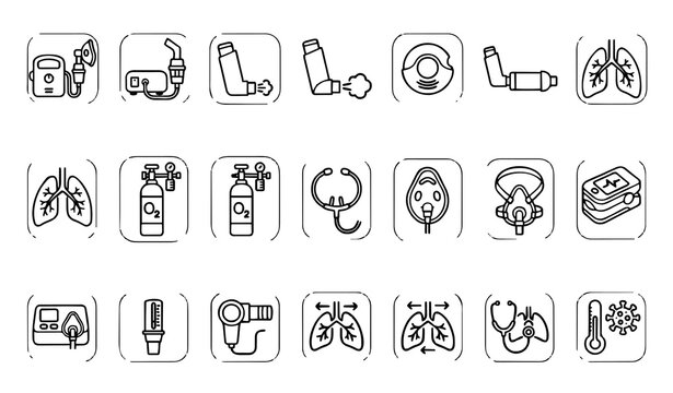 Respiratory health icon set featuring inhalers nebulizers lungs breathing masks aerosol spray medication and pulmonary medical treatment symbols for healthcare