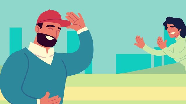 Two happy people waving hello to each other in a park with city buildings in background animation.