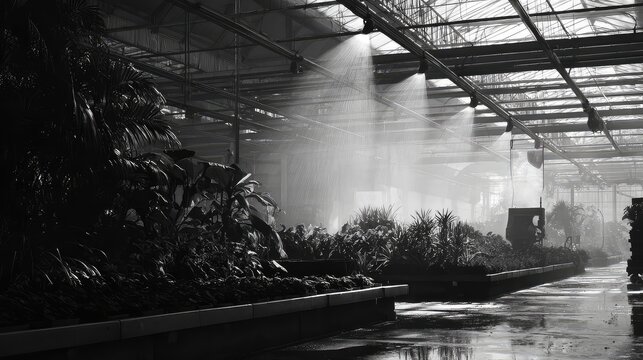 Cultivated plants thriving in a commercial greenhouse with an overhead misting system creating a humid environment, illuminated by natural light filtering through the roof