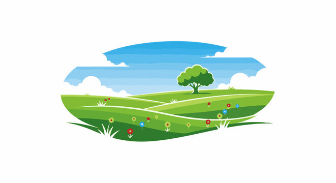 Rolling green hills with scattered flowers under a blue sky