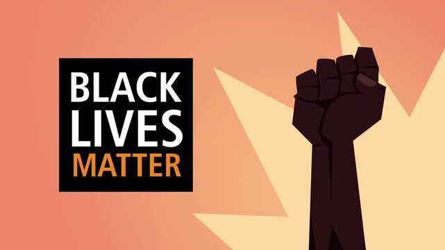 Black lives matter animation with raised clenched fist and protest slogan appearing on orange background for social justice awareness.