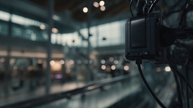 Black surveillance device capturing visual data within a contemporary architectural space, highlighting concepts of security, technology, and monitoring in an urban environment