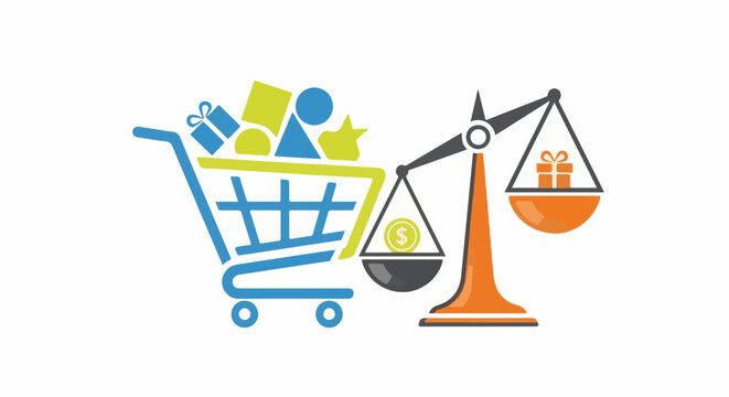 Shopping cart and balance scale comparing goods and monetary value