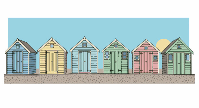 Row of colorful beach huts under a pale sun and blue sky
