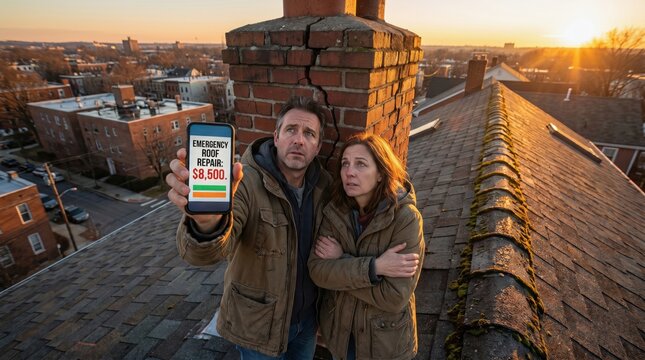 first home buyer loan stress concept. Couple on rooftop showing overdue rent notice amid urban neighborhood at sunset.
