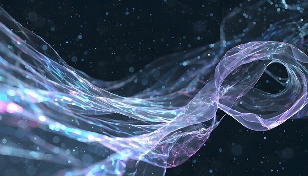 Translucent holographic veil with glowing threads on dark background