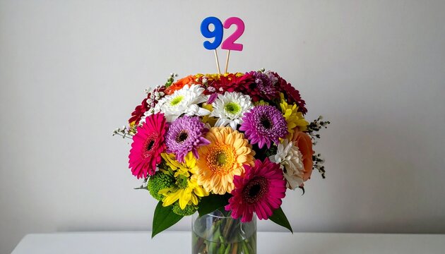 Vibrant Flower Bouquet with Number 92 for Birthday or Anniversary Celebration