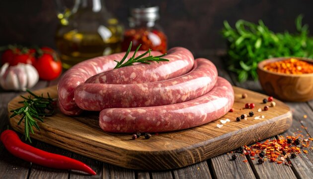 Gourmet plate of fresh salami and sausages featuring raw beef and pork meat served with red tomato and green vegetable salad for a delicious dinner meal