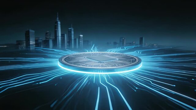 Digital coin with glowing circuit lines