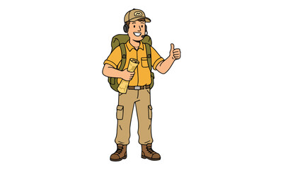 Naklejka premium Male Hiker Character with Backpack Holding Map and Thumbs Up