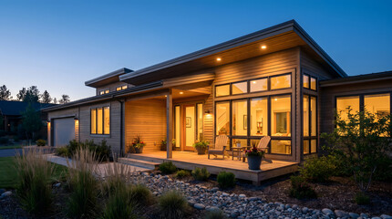 Fototapeta premium Modern luxury house exterior with warm lighting on wooden porch during blue hour dusk, low angle architectural photography shot