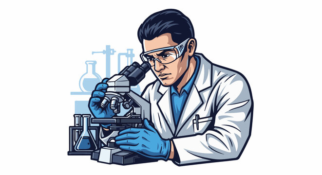Scientist in lab coat and goggles examines specimen under microscope