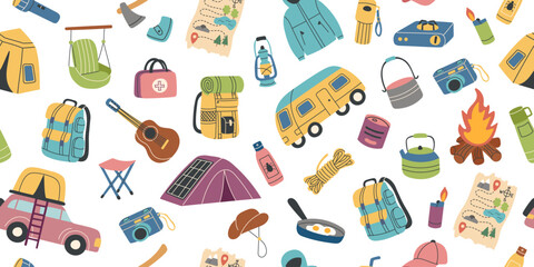 Camping seamless pattern with travel objects2. The concept of travel, camping, hiking and outdoor recreation. Vector flat banner. © Julia Anisimova