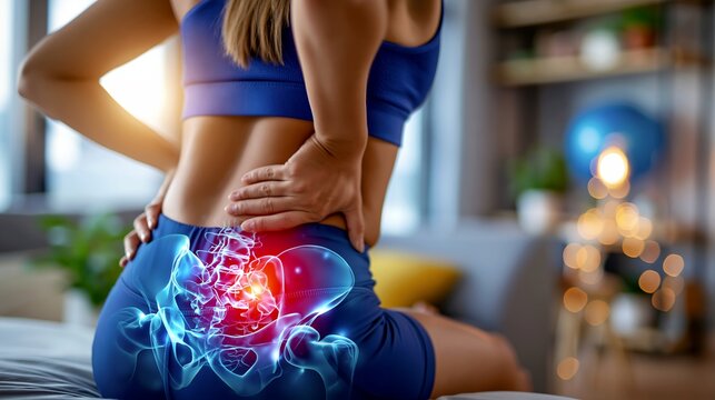 Female fitness athlete with glowing red tailbone pain in gym