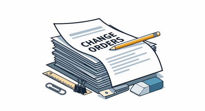 Stack of documents d "CHANGE ORDERS" with a pencil, ruler, paperclip, binder clip, stapler, and eraser