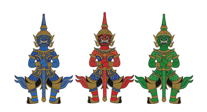 Thai Giant Yaksha Guardian Statues Set Isolated on White Background