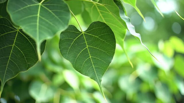 Closeup of vibrant green Bodhi tree leaves in soft sunlight.