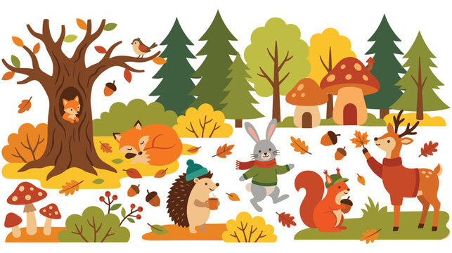Autumn forest landscape with woodland animals and colorful foliage.
