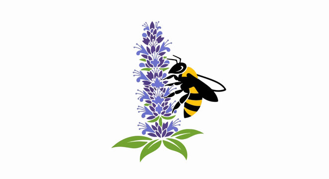 Stylized bee pollinating a tall purple flower with green leaves