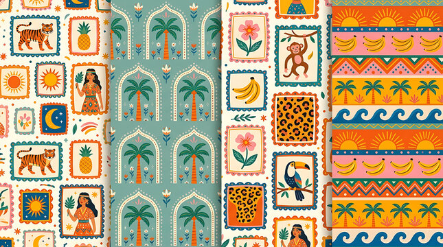 Tropical seamless pattern set with tiger monkey and palm trees