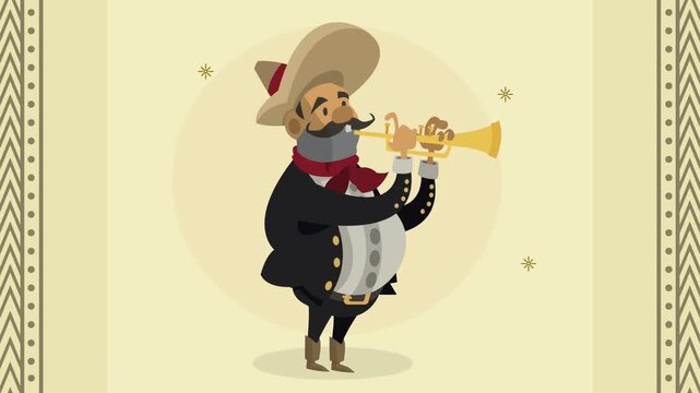 Mexican mariachi musician character playing trumpet in traditional outfit with sombrero and charro suit animated motion graphics.