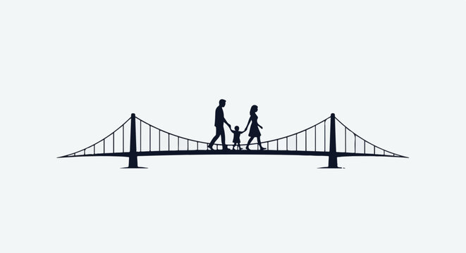 Silhouette family crossing suspension bridge with support cables
