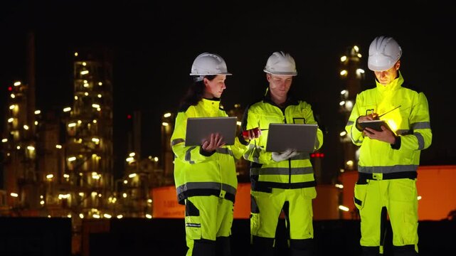 Petroleum refinery engineers and industrial workers working on laptop computer, inspection oil refinery plant at construction site at night, technician teamwork maintaining energy power system