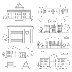 Fototapeta premium Architectural sketches of historical and municipal buildings with fences and ladders