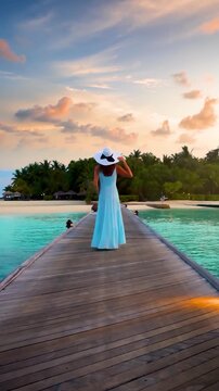 A happy woman in blue dress and hat walks down a pier over turquoise ocean in the Maldives islands during colorful sunset time