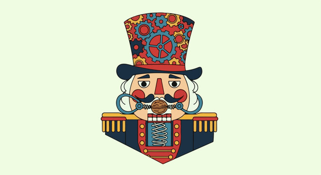 Steampunk nutcracker with gears on hat crushing a walnut