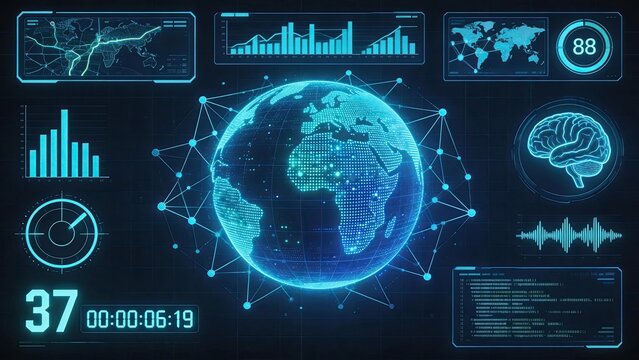 Futuristic holographic global network interface digital earth with data analytics business charts brain icon and code snippets on dark blue cyber background for tech innovation