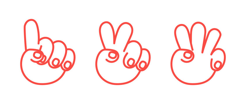 Vector hand drawn gesture, doodle sketchy illustration, sign, hand showing numbers 1 to 3