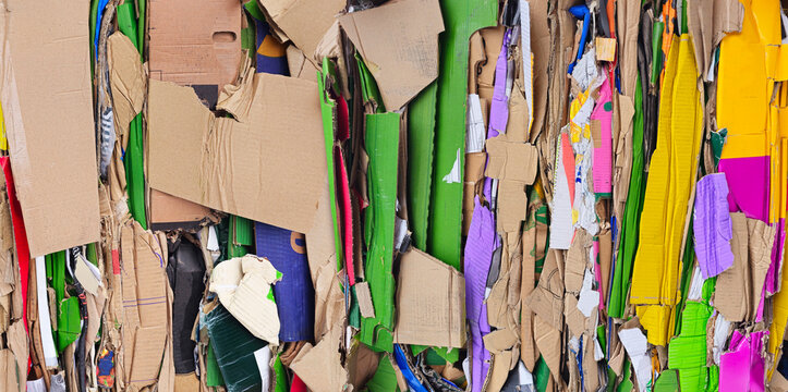 Vertical stack of compressed cardboard waste prepared for recycling and reuse. Sorted paper raw materials for pulp industry, sustainable garbage processing and environmental conservation photo.