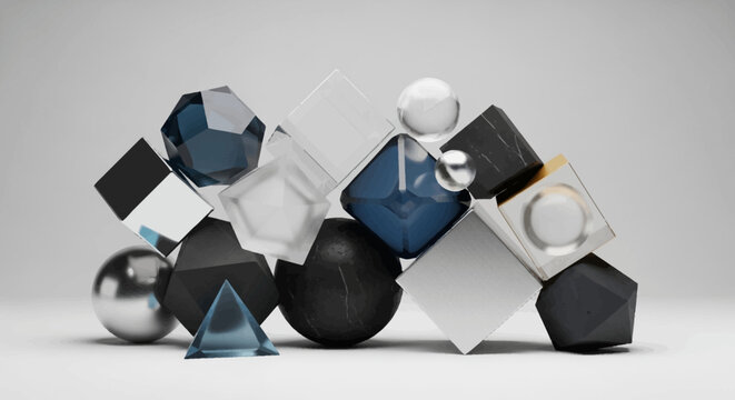 Abstract geometric shapes, balanced stack of 3D forms, modern design