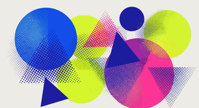 Geometric Abstract Shapes: Circles, Triangles, Neon Colors, Halftone Pattern